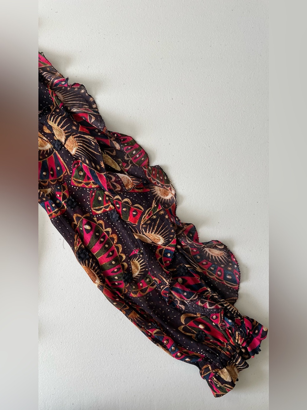 FARM Rio Black Pink Gold Printed Ruffle-Neck Blouse - Picture 10 of 15